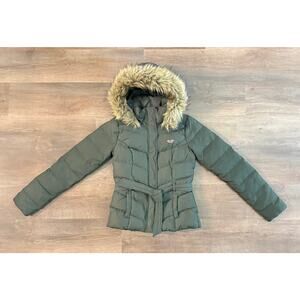 Hollister Women’s Down Puffer Jacket Small Green Faux Fur Hood Winter Coat